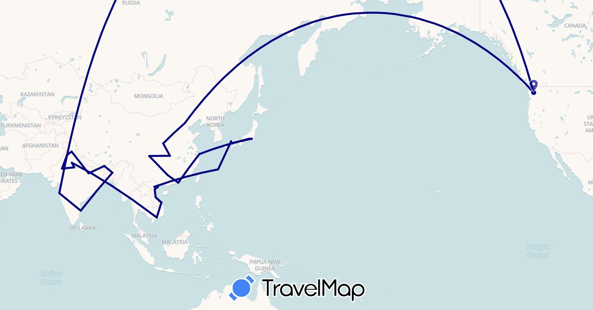 TravelMap itinerary: driving in China, India, Japan, United States, Vietnam (Asia, North America)